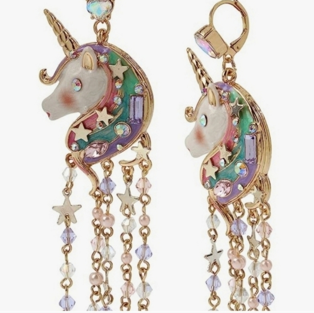 Betsey Johnson Unicorn Fringe Chandelier dangle Rhinestone Earrings - Picture 3 of 3